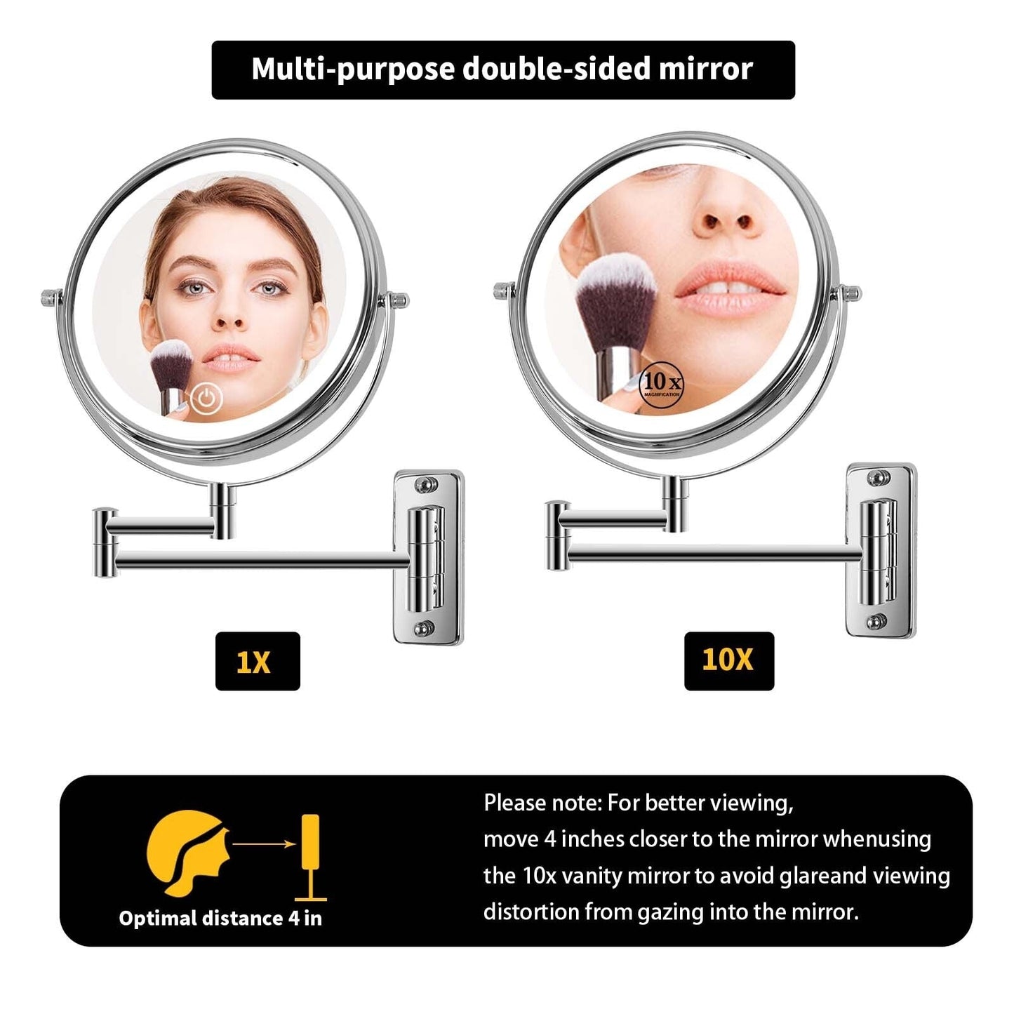 Specchio da trucco rotondo da parete per bagno, ricaricabile, ingrandimento 1x/10x, 3 luci colorate