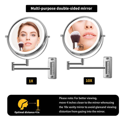 Specchio da trucco rotondo da parete per bagno, ricaricabile, ingrandimento 1x/10x, 3 luci colorate