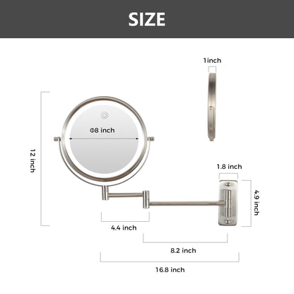 Specchio da trucco rotondo da parete per bagno, ricaricabile, ingrandimento 1x/10x, 3 luci colorate