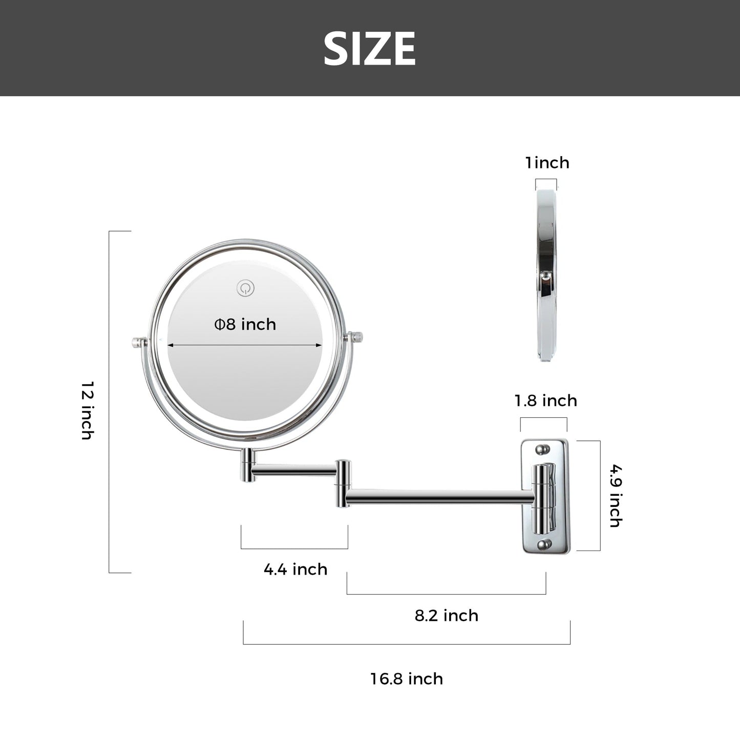 Specchio da trucco rotondo da parete per bagno, ricaricabile, ingrandimento 1x/10x, 3 luci colorate