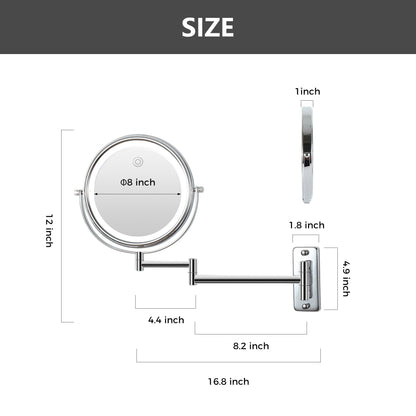 Specchio da trucco rotondo da parete per bagno, ricaricabile, ingrandimento 1x/10x, 3 luci colorate