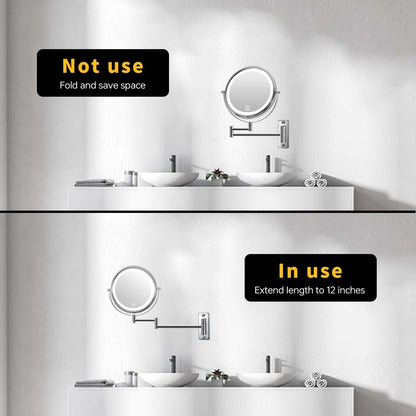 Specchio da trucco rotondo da parete per bagno, ricaricabile, ingrandimento 1x/10x, 3 luci colorate