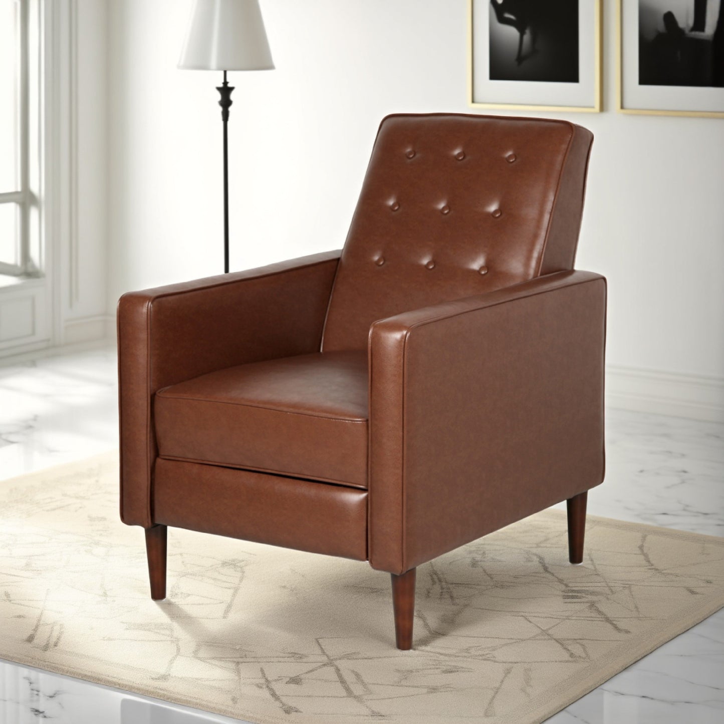 Poltrona reclinabile, legno di betulla, similpelle marrone con cuciture a nido d'ape