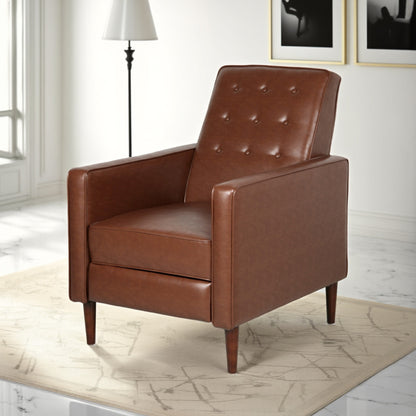 Poltrona reclinabile, legno di betulla, similpelle marrone con cuciture a nido d'ape