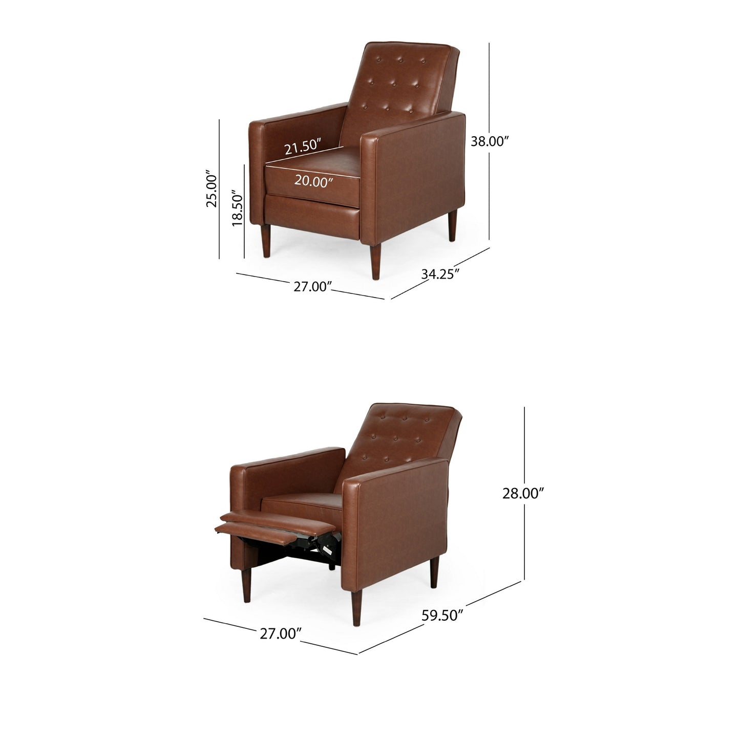 Poltrona reclinabile, legno di betulla, similpelle marrone con cuciture a nido d'ape