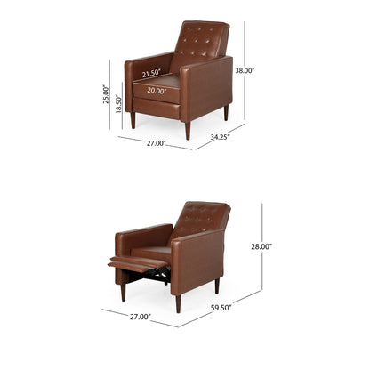 Poltrona reclinabile, legno di betulla, similpelle marrone con cuciture a nido d'ape