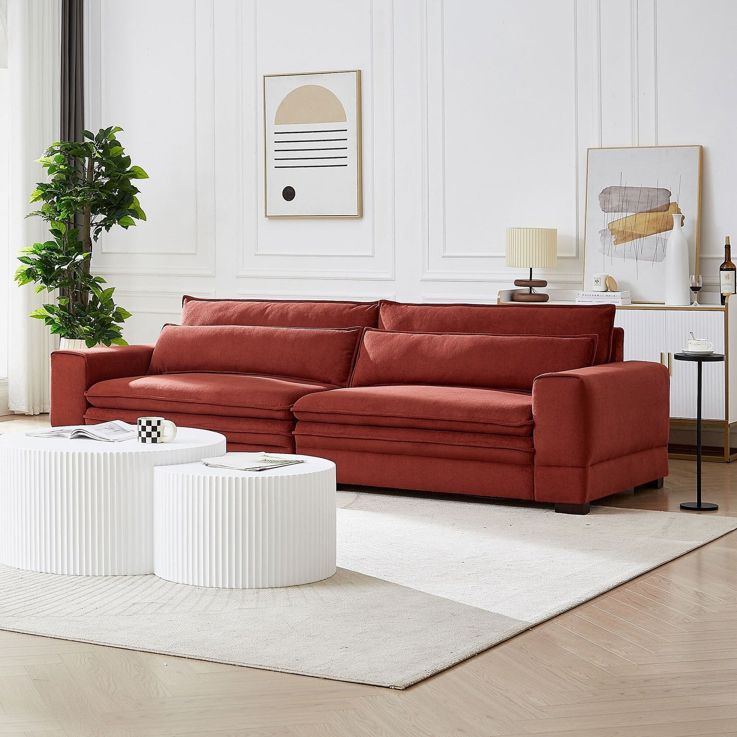 Divano in tessuto contemporaneo rosso 104.72 con gambe in legno massello, design elegante per soggiorno, ufficio o appartamento