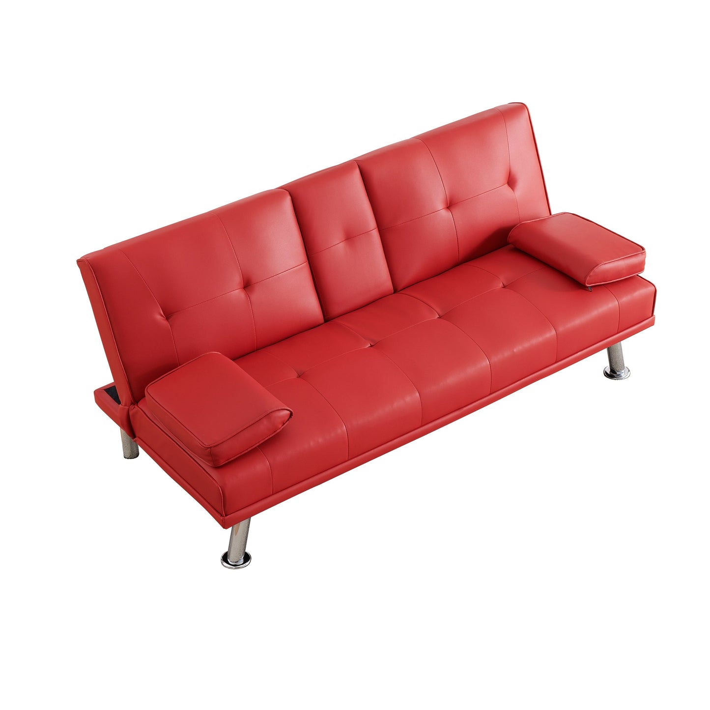 Divano letto pieghevole in similpelle Red 67 con gambe in metallo argentato e portabicchieri per soggiorno