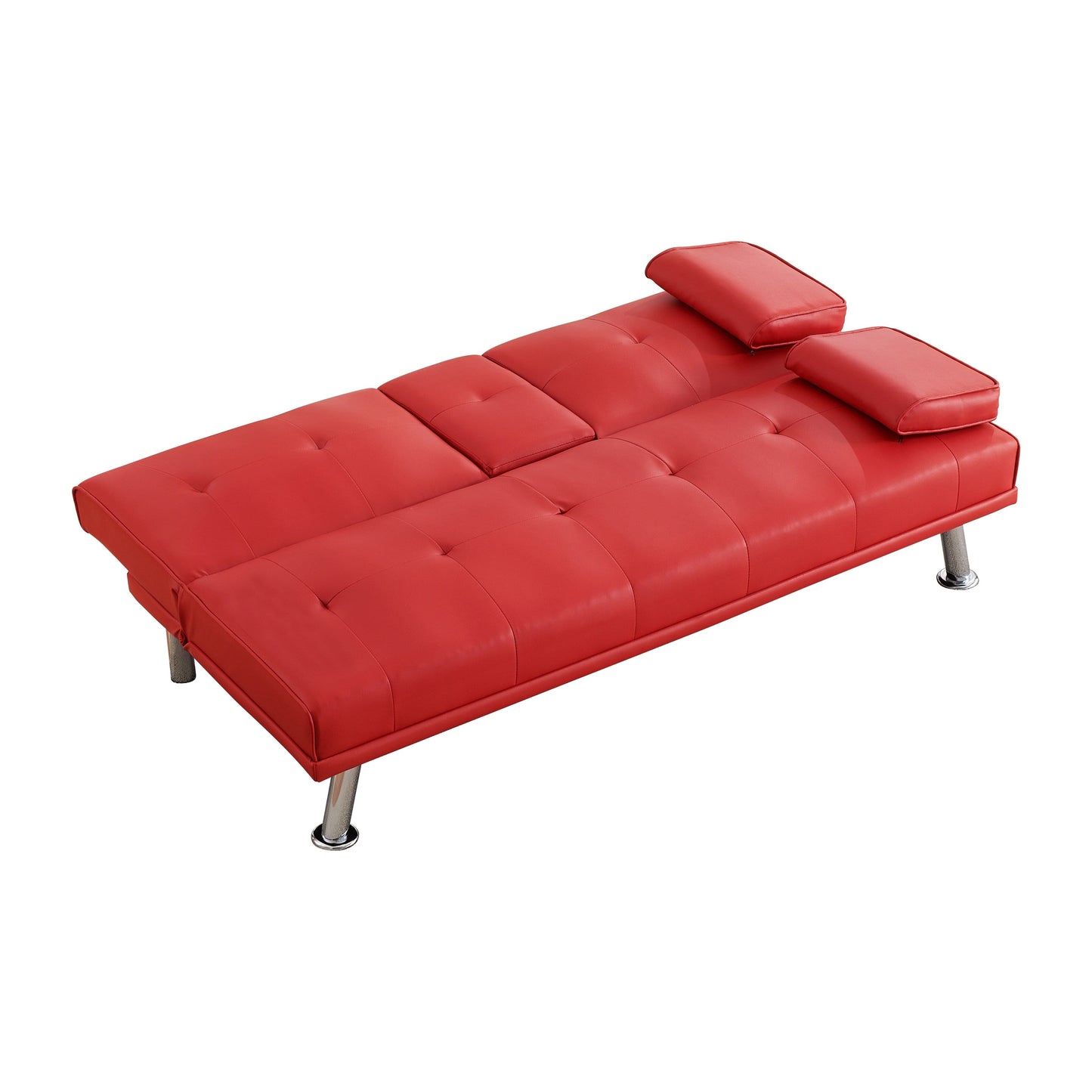 Divano letto pieghevole in similpelle Red 67 con gambe in metallo argentato e portabicchieri per soggiorno