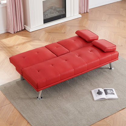 Divano letto pieghevole in similpelle Red 67 con gambe in metallo argentato e portabicchieri per soggiorno