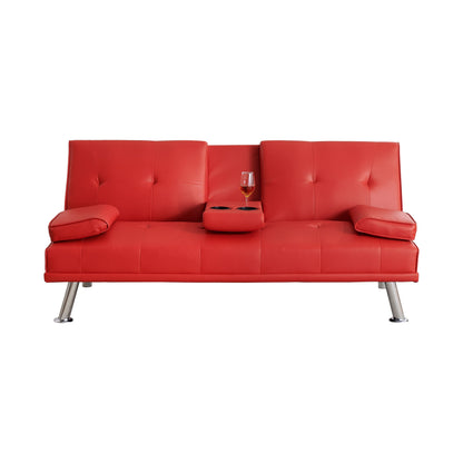 Divano letto pieghevole in similpelle Red 67 con gambe in metallo argentato e portabicchieri per soggiorno