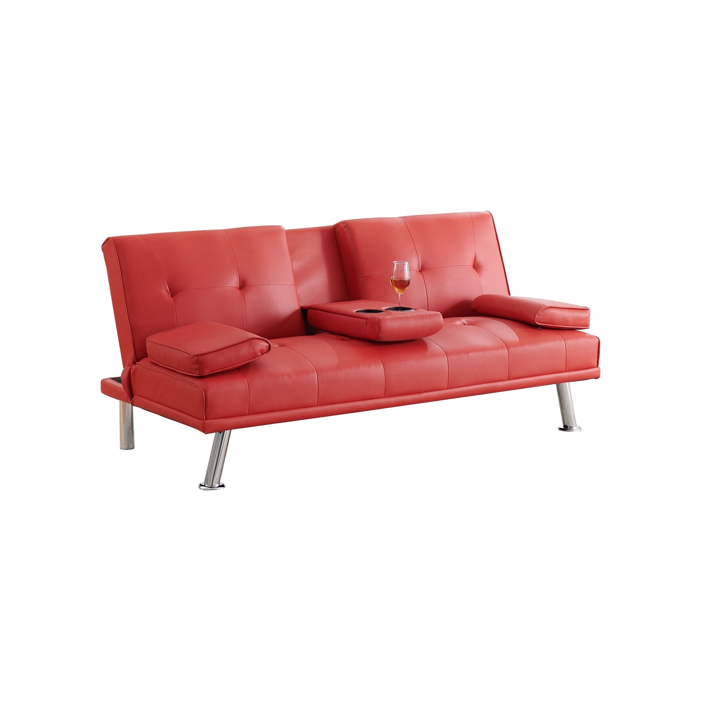 Divano letto pieghevole in similpelle Red 67 con gambe in metallo argentato e portabicchieri per soggiorno