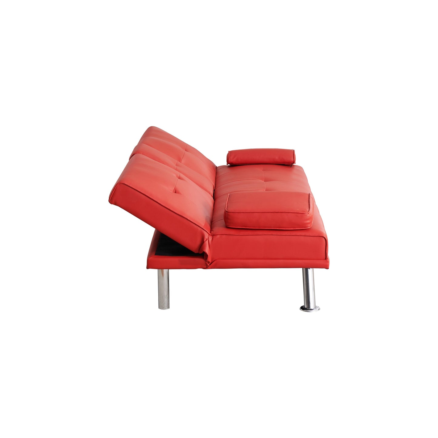 Divano letto a due posti in similpelle rosso 67 con 2 portabicchieri e gambe in acciaio inox per soggiorno