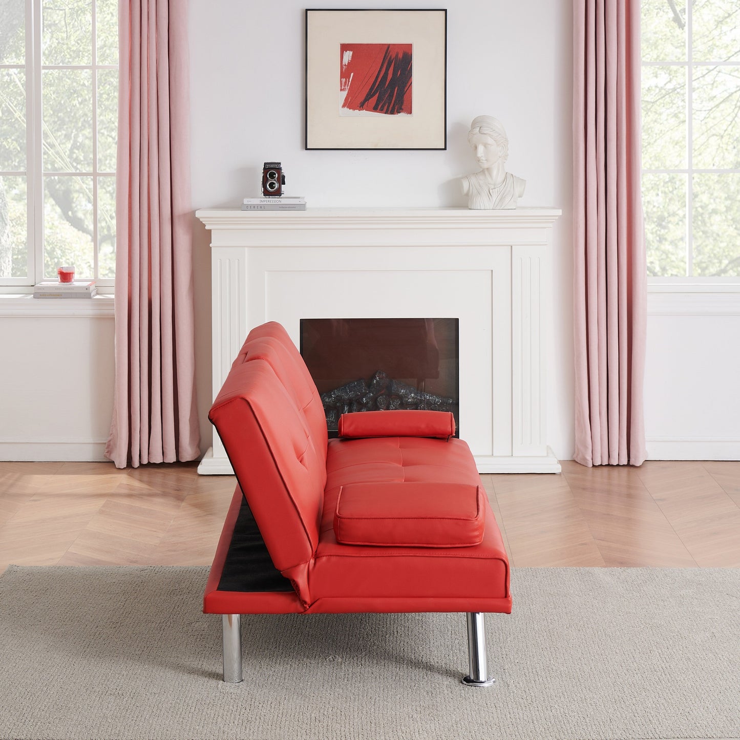 Divano letto a due posti in similpelle rosso 67 con 2 portabicchieri e gambe in acciaio inox per soggiorno