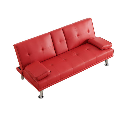 Divano letto a due posti in similpelle rosso 67 con 2 portabicchieri e gambe in acciaio inox per soggiorno