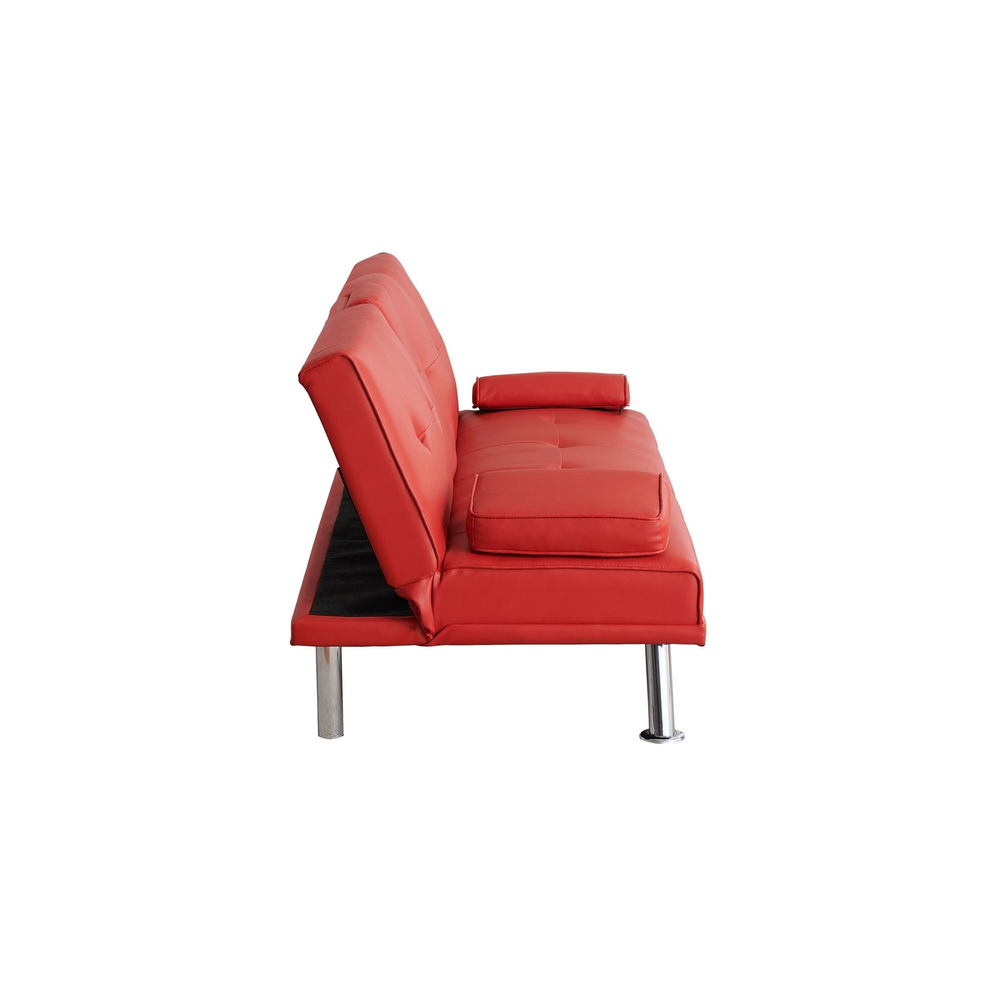 Divano letto a due posti in similpelle rosso 67 con 2 portabicchieri e gambe in acciaio inox per soggiorno