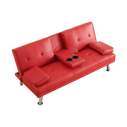 Divano letto a due posti in similpelle rosso 67 con 2 portabicchieri e gambe in acciaio inox per soggiorno