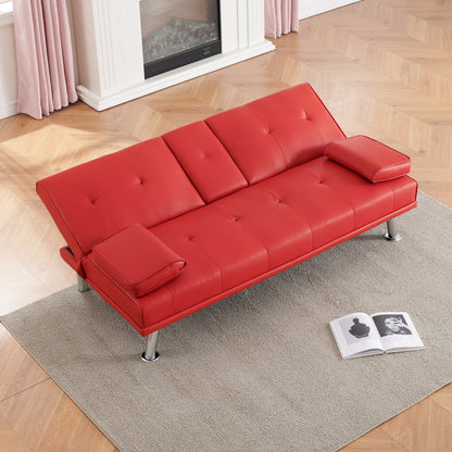 Divano letto a due posti in similpelle rosso 67 con 2 portabicchieri e gambe in acciaio inox per soggiorno