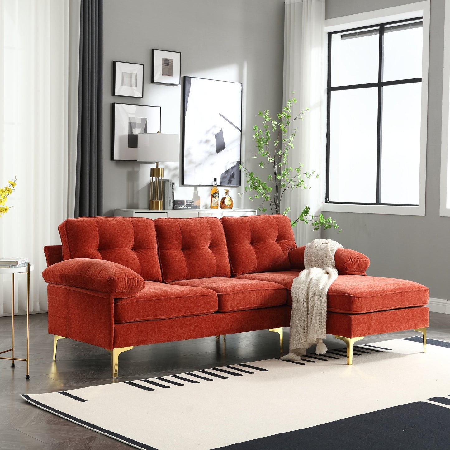 Divano a 3 posti a L in tessuto rosso da 85'' con chaise longue, struttura in legno e rinforzo del cuscino a molle
