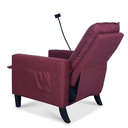 Poltrona reclinabile manuale moderna in tessuto rosso con porta cellulare, portabicchieri e poggiapiedi