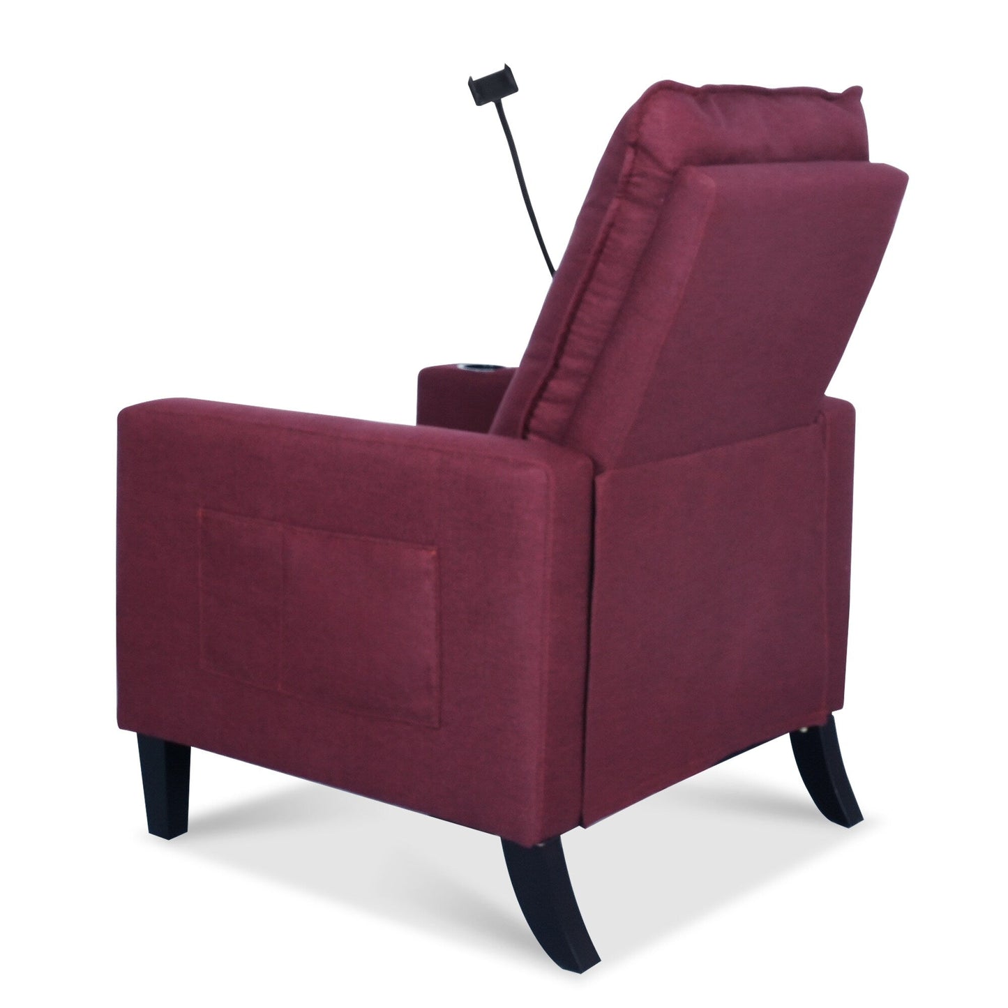 Poltrona reclinabile manuale moderna in tessuto rosso con porta cellulare, portabicchieri e poggiapiedi