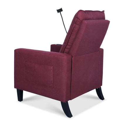 Poltrona reclinabile manuale moderna in tessuto rosso con porta cellulare, portabicchieri e poggiapiedi