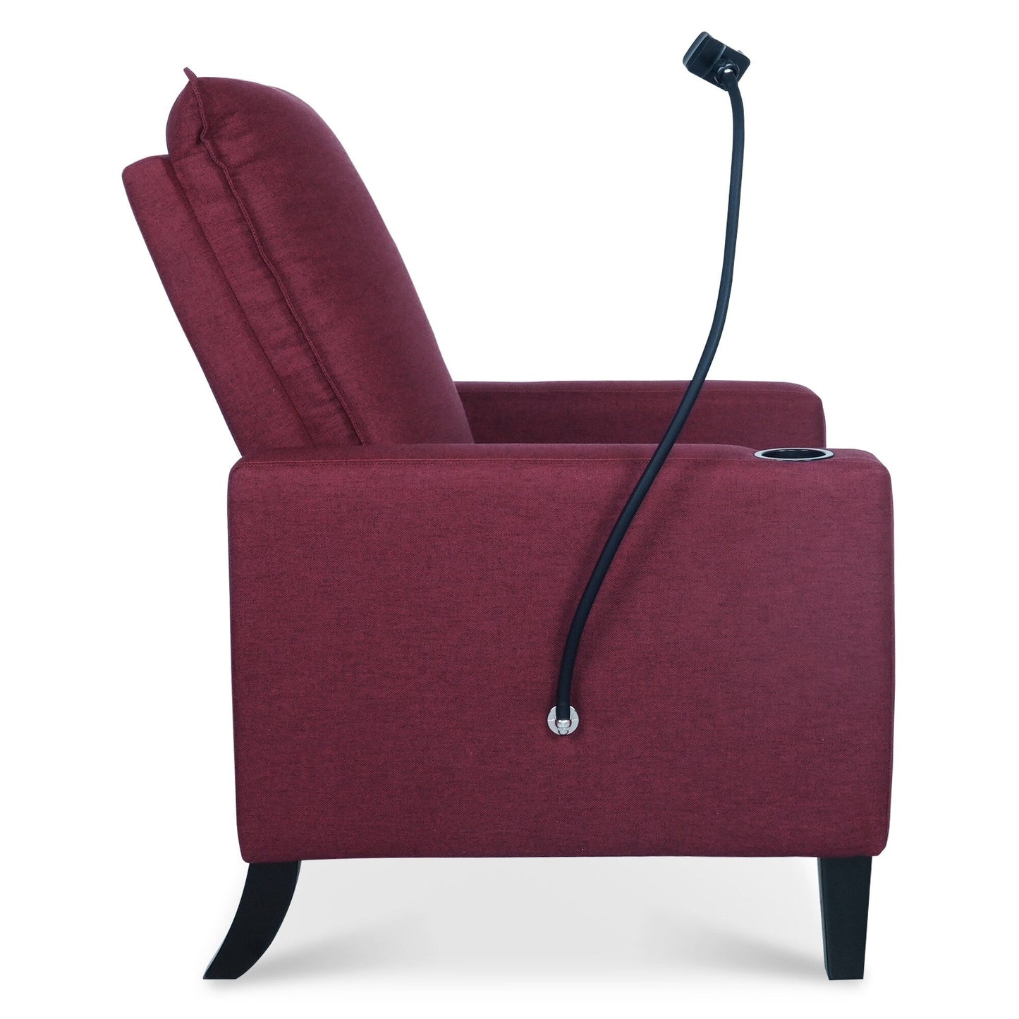 Poltrona reclinabile manuale moderna in tessuto rosso con porta cellulare, portabicchieri e poggiapiedi
