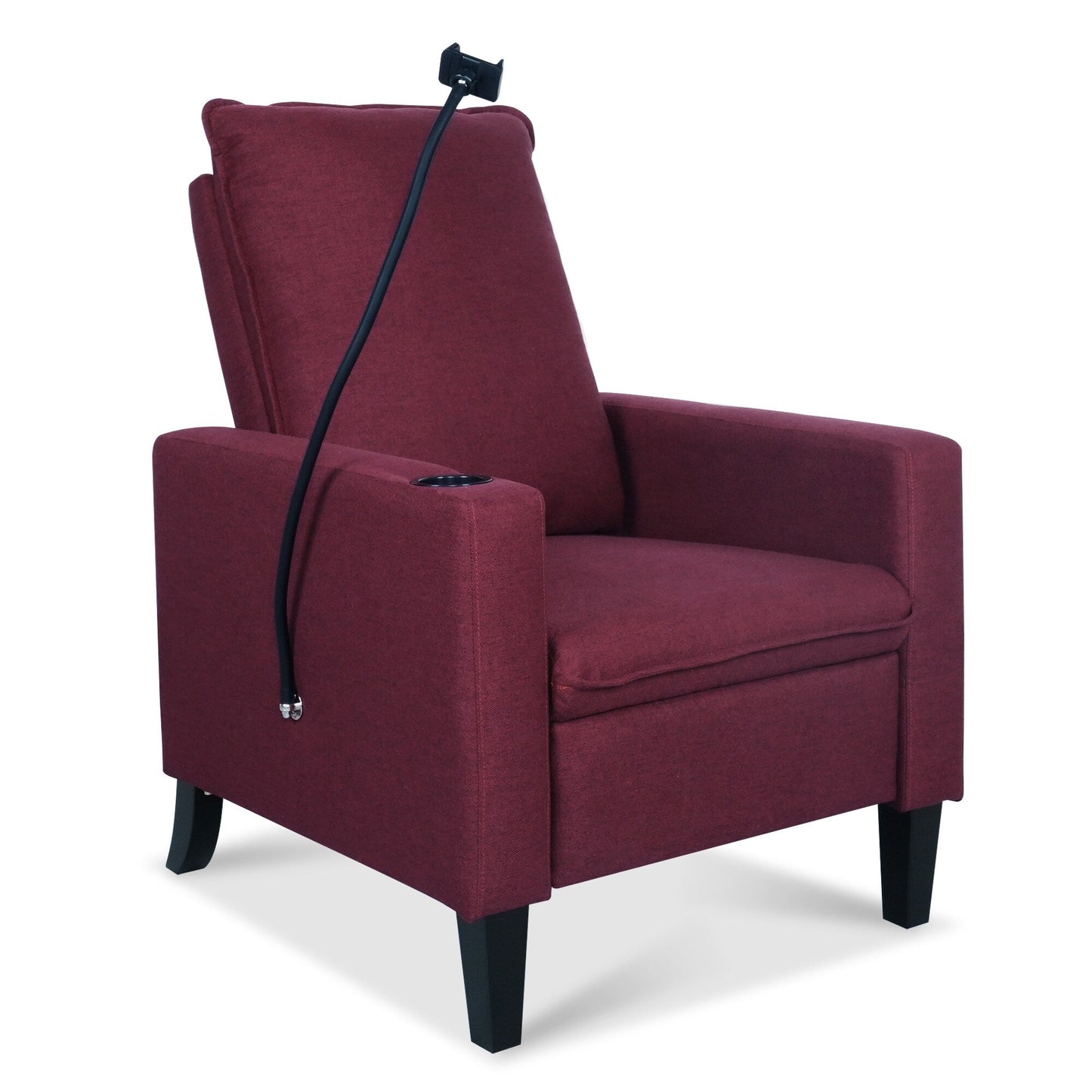 Poltrona reclinabile manuale moderna in tessuto rosso con porta cellulare, portabicchieri e poggiapiedi