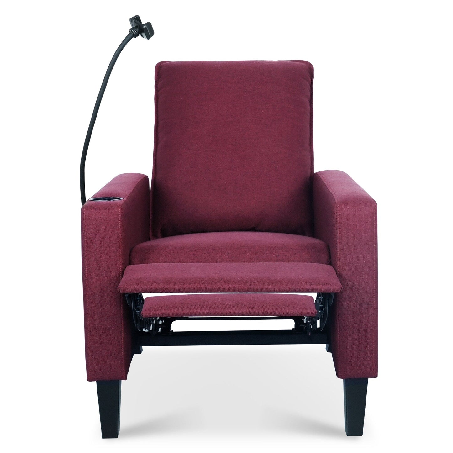 Poltrona reclinabile manuale moderna in tessuto rosso con porta cellulare, portabicchieri e poggiapiedi