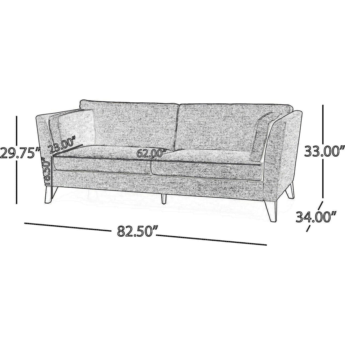 Divano Reed, 2 cuscini laterali, rivestimento in poliestere grigio, legno nero, 83 pollici