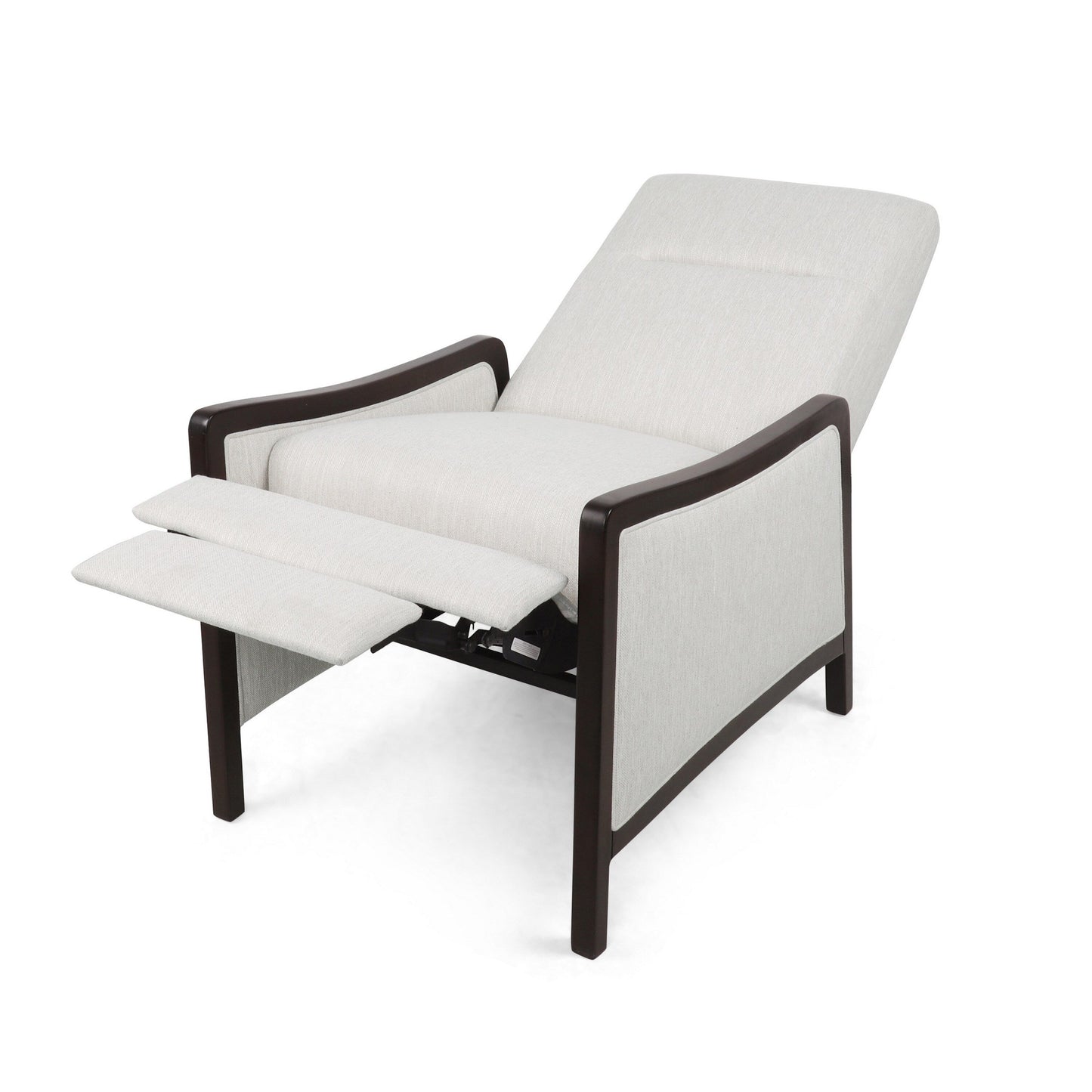 Poltrona reclinabile Reina con schienale a spinta, legno di betulla marrone, tessuto beige