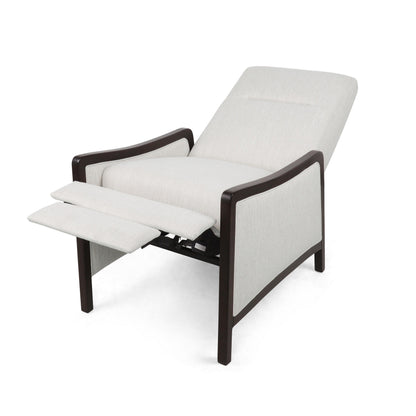 Poltrona reclinabile Reina con schienale a spinta, legno di betulla marrone, tessuto beige