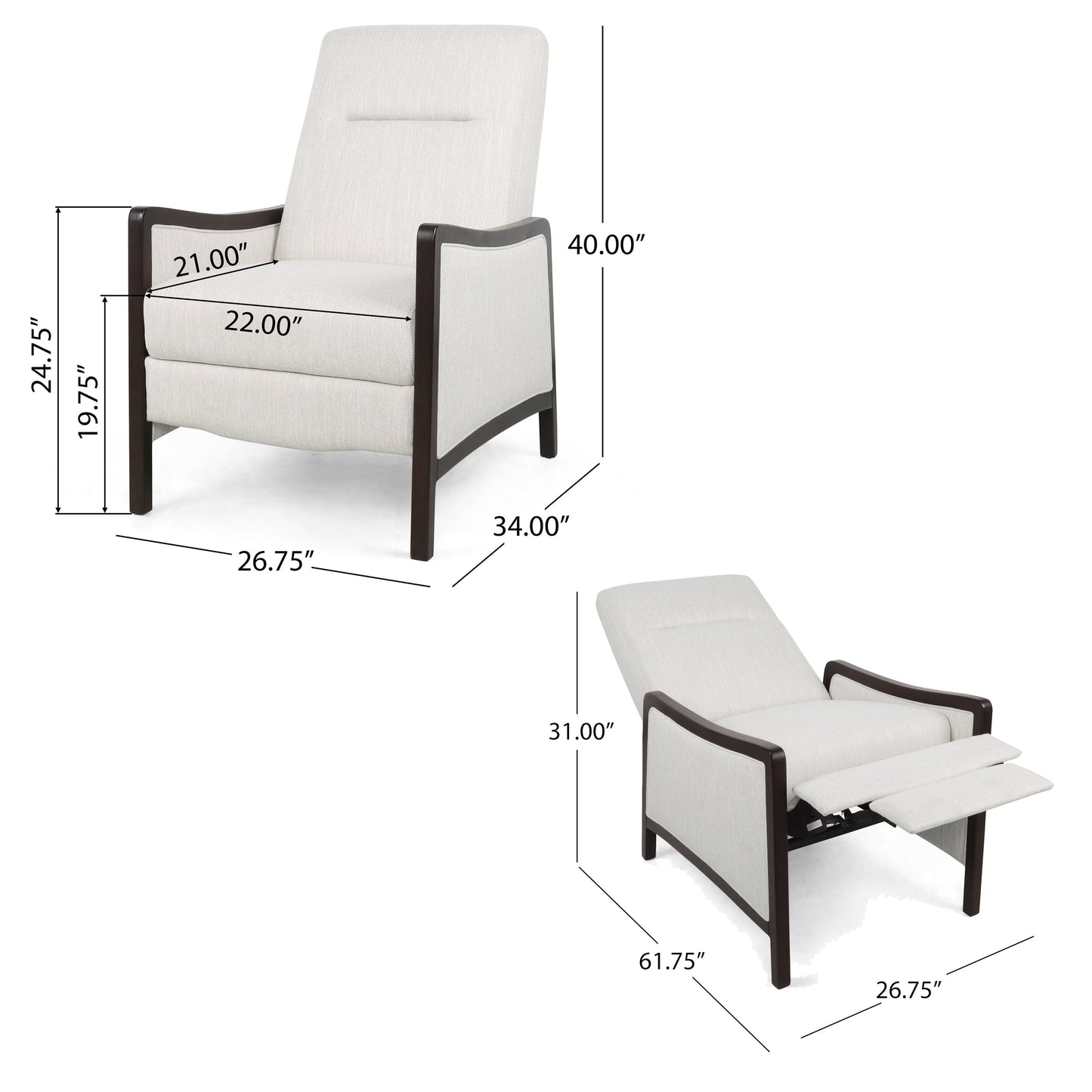 Poltrona reclinabile Reina con schienale a spinta, legno di betulla marrone, tessuto beige