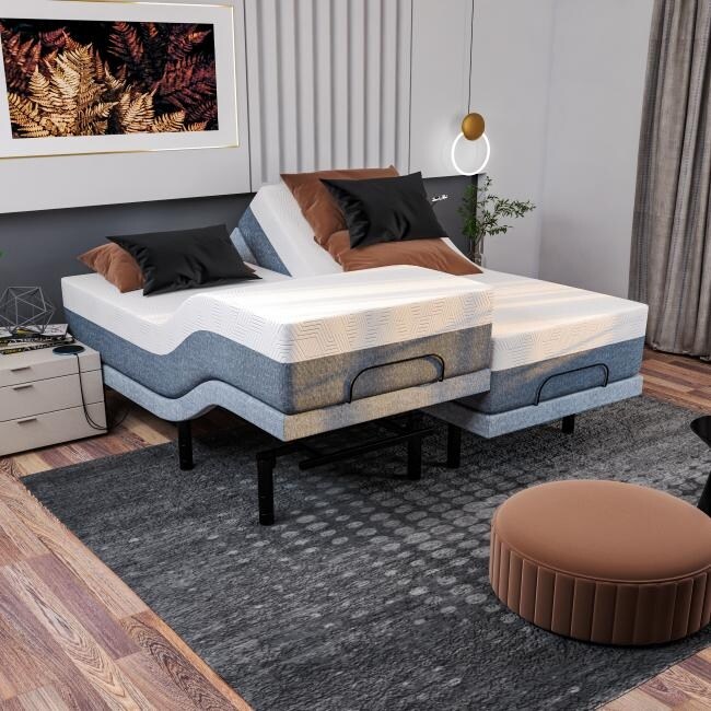 Struttura letto matrimoniale regolabile Renanim SplitKing con materasso in memory foam, doppio massaggio, porte USB, app, telecomando