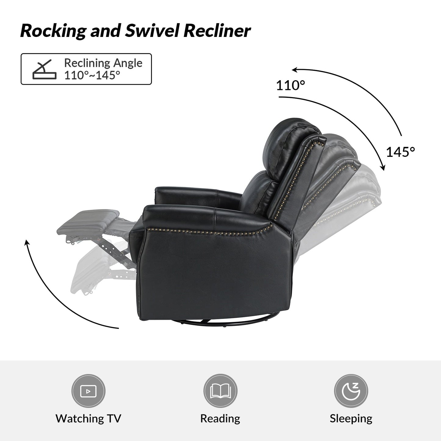 Poltrona reclinabile girevole elettrica tradizionale in vera pelle con borchie Renato e base in metallo, set da 2 di HULALA HOME