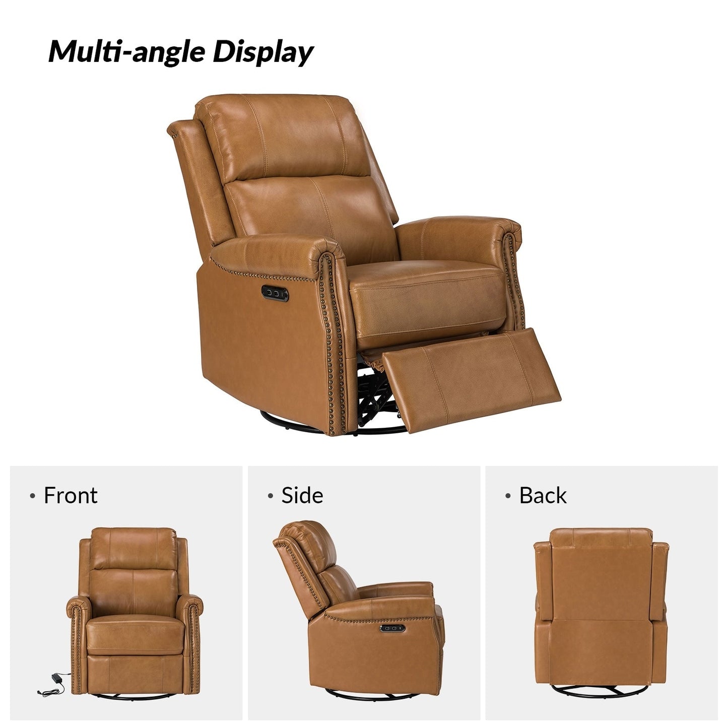 Poltrona reclinabile girevole elettrica tradizionale in vera pelle con borchie Renato e base in metallo, set da 2 di HULALA HOME