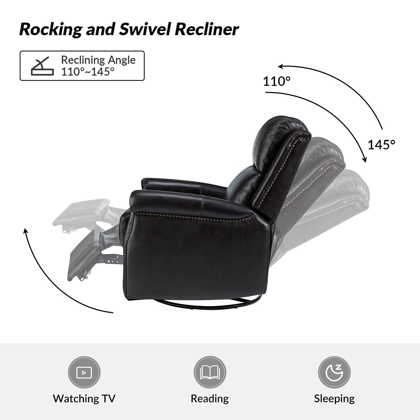 Poltrona reclinabile girevole elettrica tradizionale in vera pelle con borchie Renato e base in metallo, set da 2 di HULALA HOME