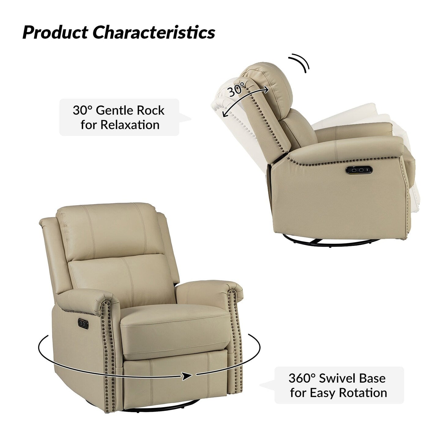 Poltrona reclinabile girevole elettrica tradizionale in vera pelle con borchie Renato e base in metallo, set da 2 di HULALA HOME