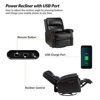 Poltrona reclinabile girevole elettrica tradizionale in vera pelle con borchie Renato e base in metallo, set da 2 di HULALA HOME