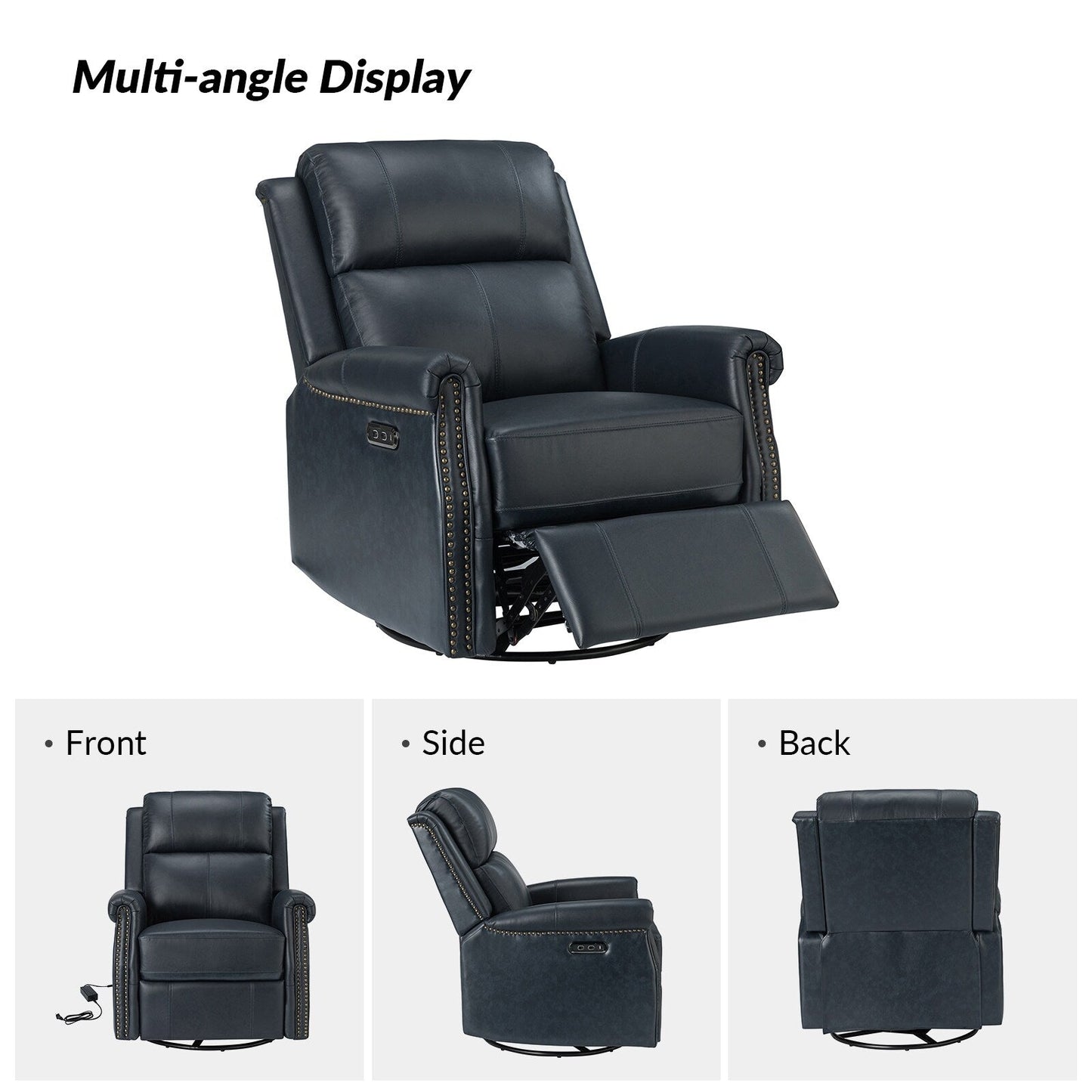 Poltrona reclinabile girevole elettrica tradizionale in vera pelle con borchie Renato e base in metallo, set da 2 di HULALA HOME