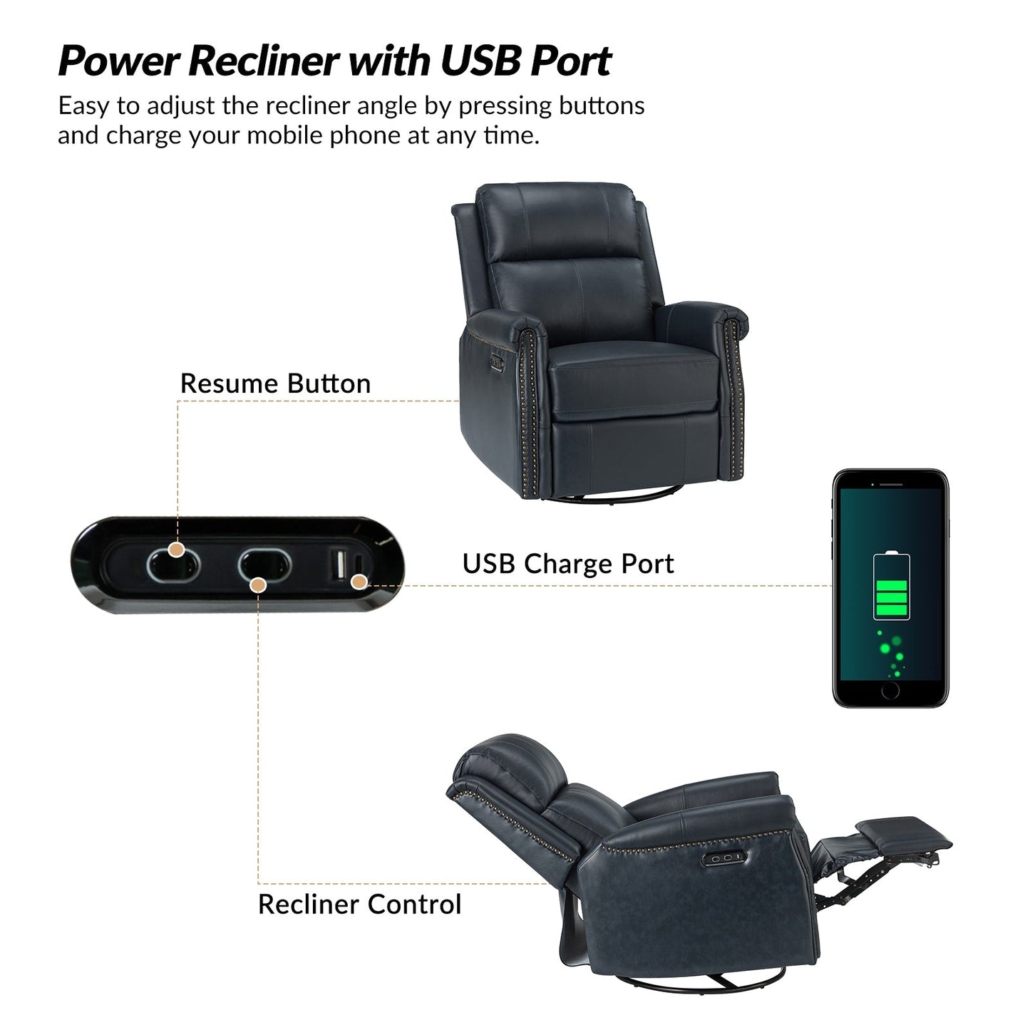 Poltrona reclinabile girevole elettrica tradizionale in vera pelle con borchie Renato e base in metallo, set da 2 di HULALA HOME