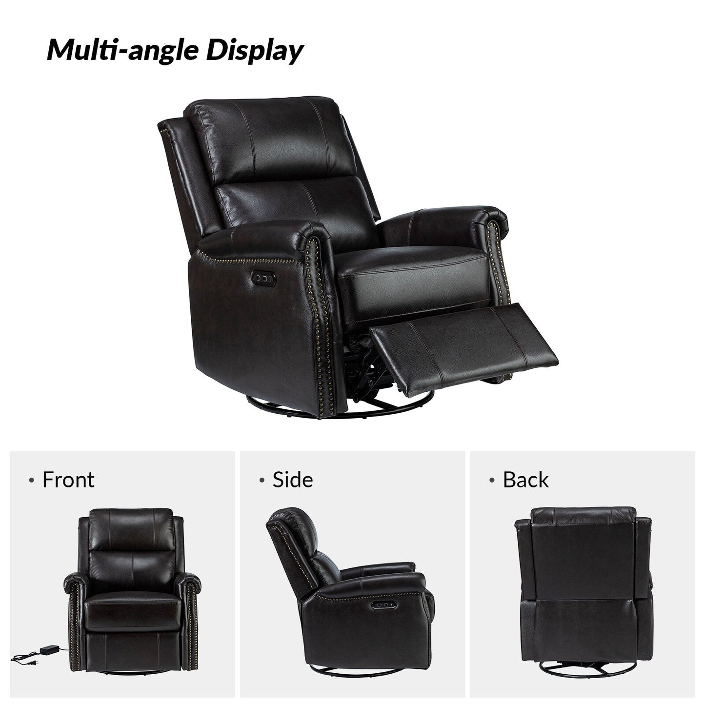 Poltrona reclinabile girevole elettrica tradizionale in vera pelle con borchie Renato e base in metallo, set da 2 di HULALA HOME