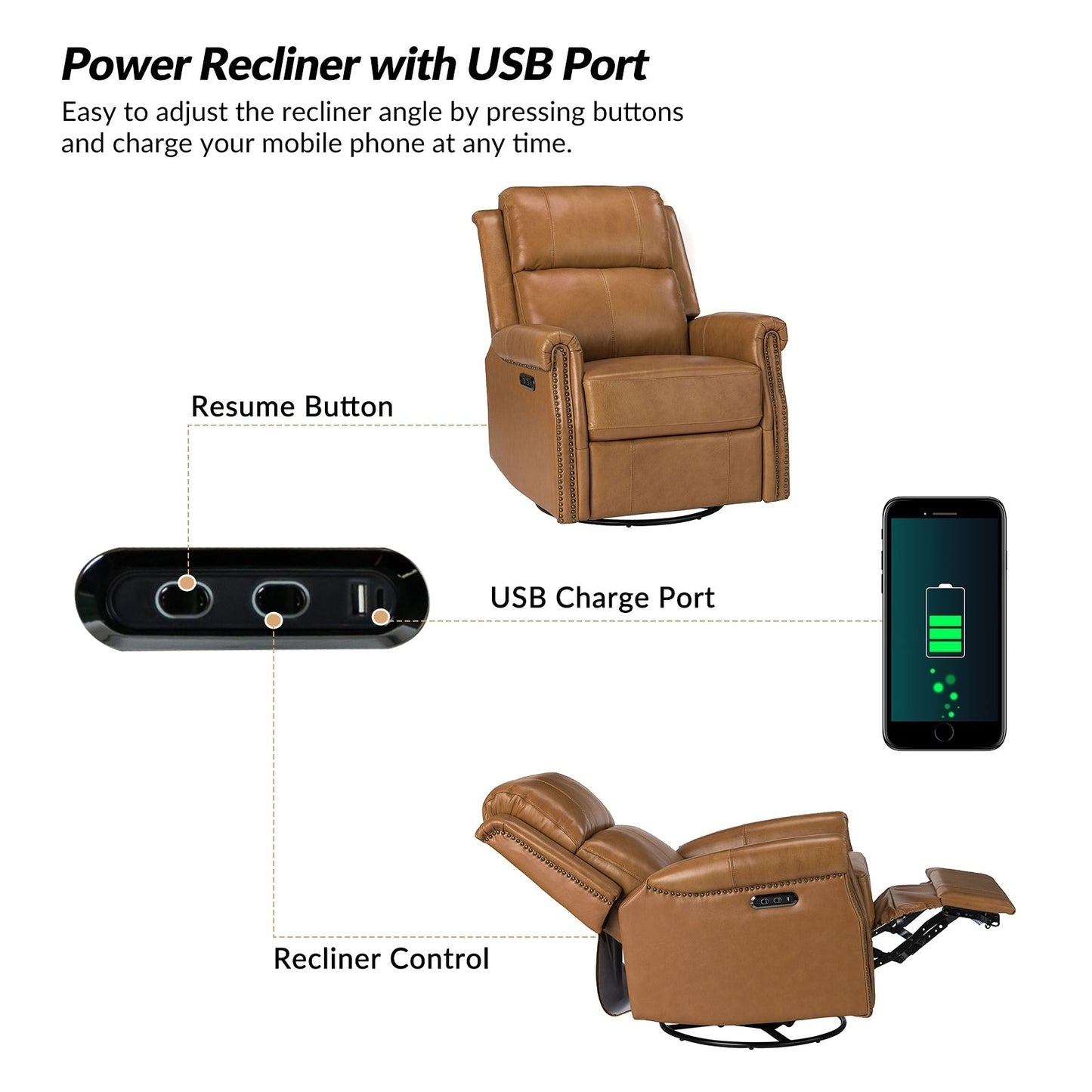 Poltrona reclinabile girevole elettrica tradizionale in vera pelle con borchie Renato e base in metallo, set da 2 di HULALA HOME