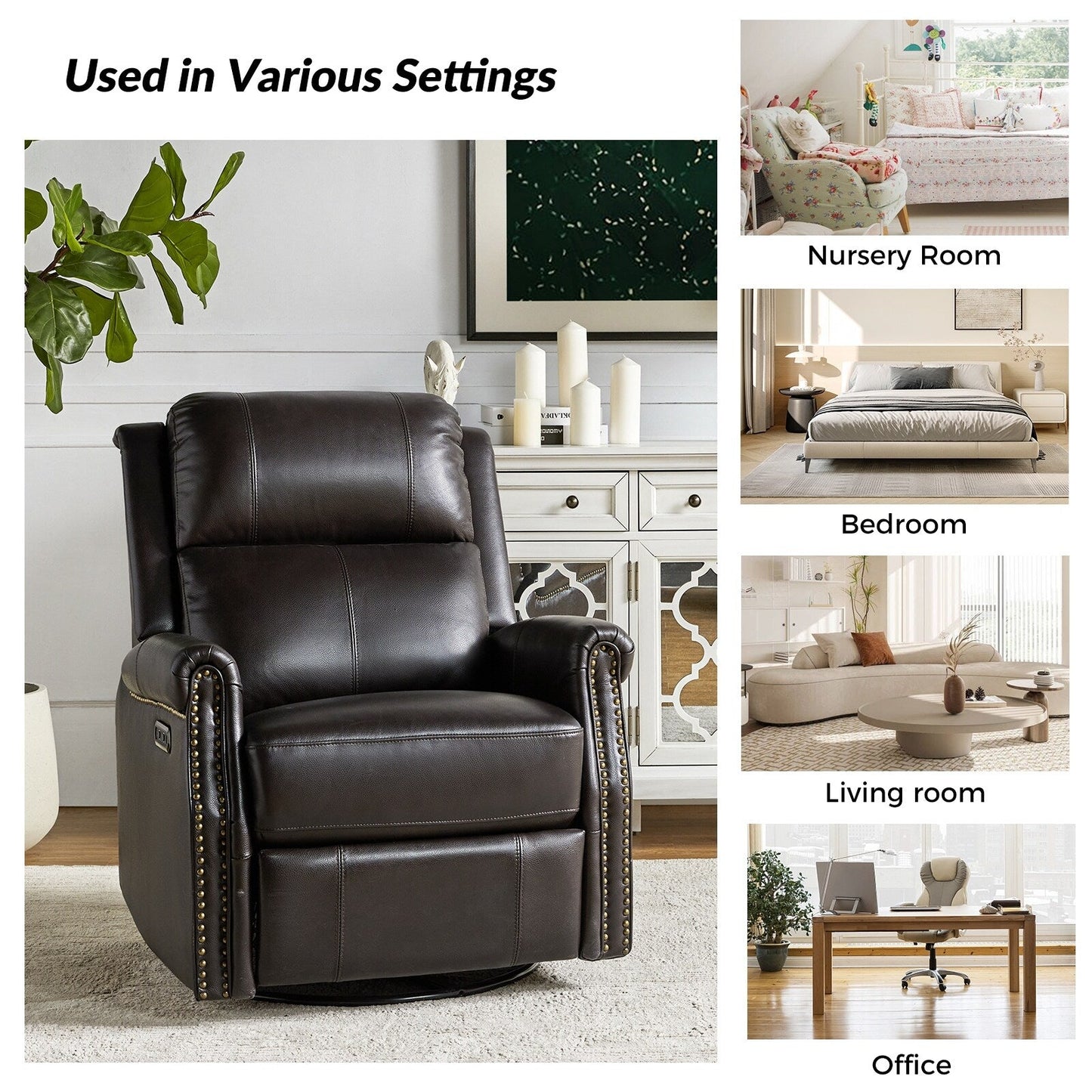 Poltrona reclinabile girevole elettrica tradizionale in vera pelle con borchie Renato e base in metallo, set da 2 di HULALA HOME