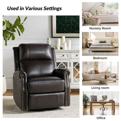 Poltrona reclinabile girevole elettrica tradizionale in vera pelle con borchie Renato e base in metallo, set da 2 di HULALA HOME