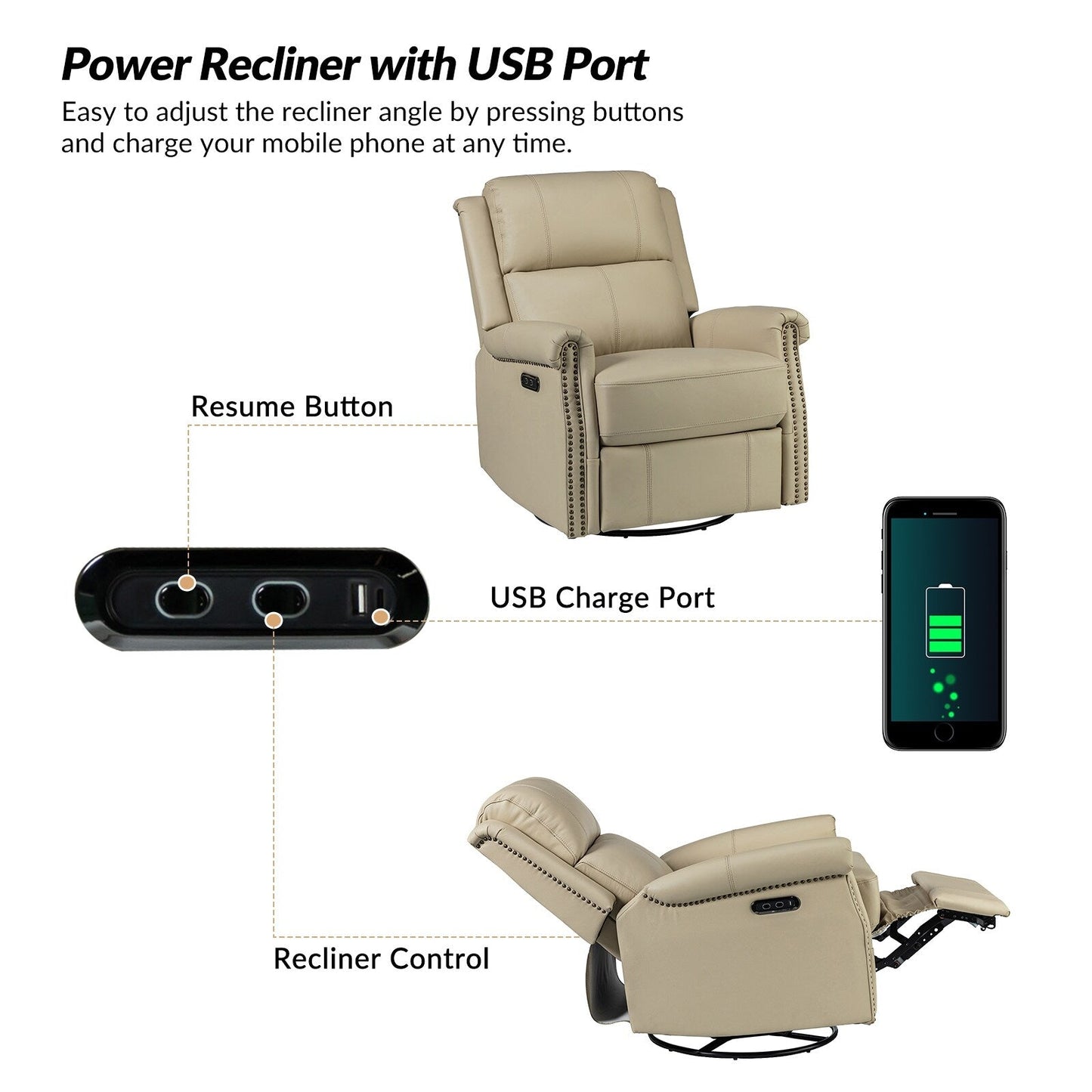 Poltrona reclinabile girevole elettrica tradizionale in vera pelle con borchie Renato e base in metallo, set da 2 di HULALA HOME