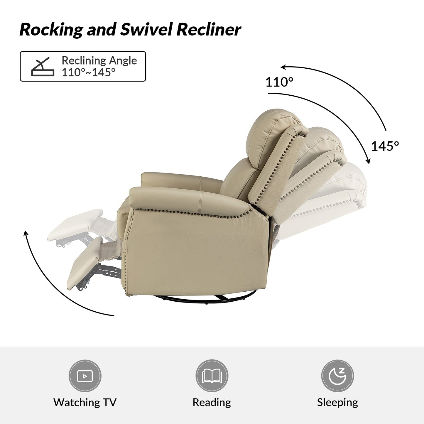 Poltrona reclinabile girevole elettrica tradizionale in vera pelle con borchie Renato e base in metallo, set da 2 di HULALA HOME