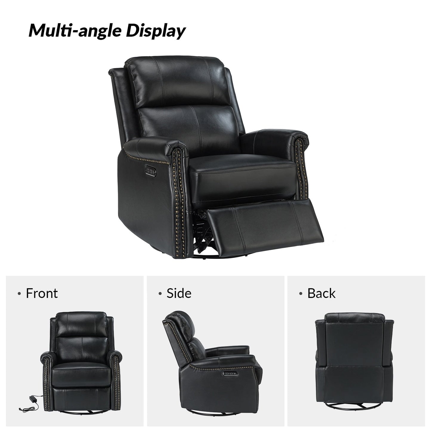 Poltrona reclinabile girevole elettrica tradizionale in vera pelle con borchie Renato e base in metallo, set da 2 di HULALA HOME