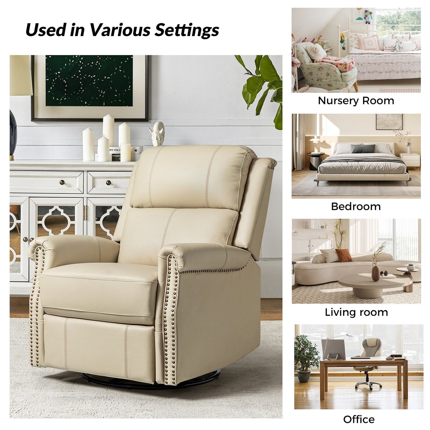 Poltrona reclinabile girevole elettrica tradizionale in vera pelle con borchie Renato e base in metallo, set da 2 di HULALA HOME