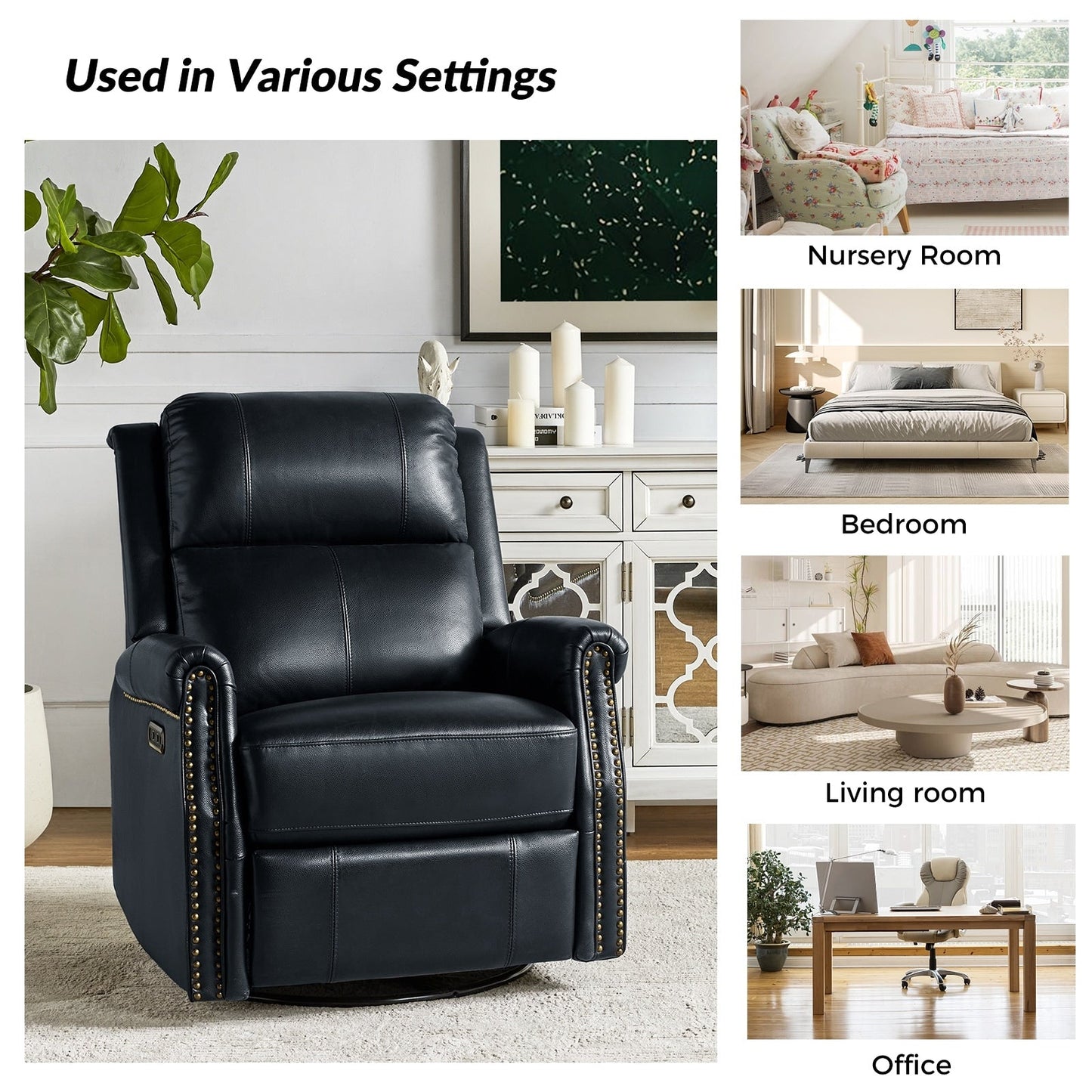 Poltrona reclinabile girevole elettrica tradizionale in vera pelle con borchie Renato e base in metallo, set da 2 di HULALA HOME